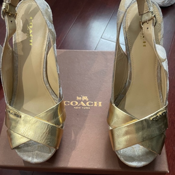 Gold Jessy Leather Canvas Strappy Sandals Wedges size 7.5 - Picture 2 of 5